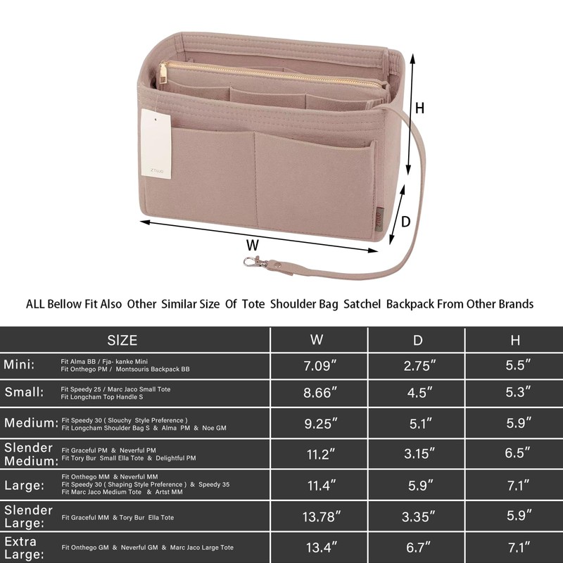 ZTUJO Purse Organizer Insert, Felt Bag Organizer with Metal Zipper,