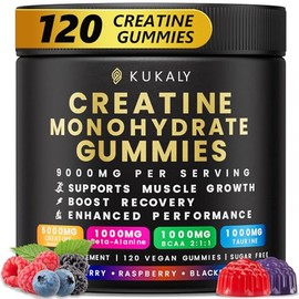 KUKALY Creatine Monohydrate Gummies for Men & Women, 9000MG Creatine Gummies Sugar Free - Mixed Flavored with L-Taurine, BCAA 2:1, B12 B6 for Boost Strength, Focus & Endurance, Vegan, Non-GMO, 120pcs