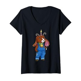 Womens Cartoon Goat Character In Overalls For Kids V-Neck T-Shirt