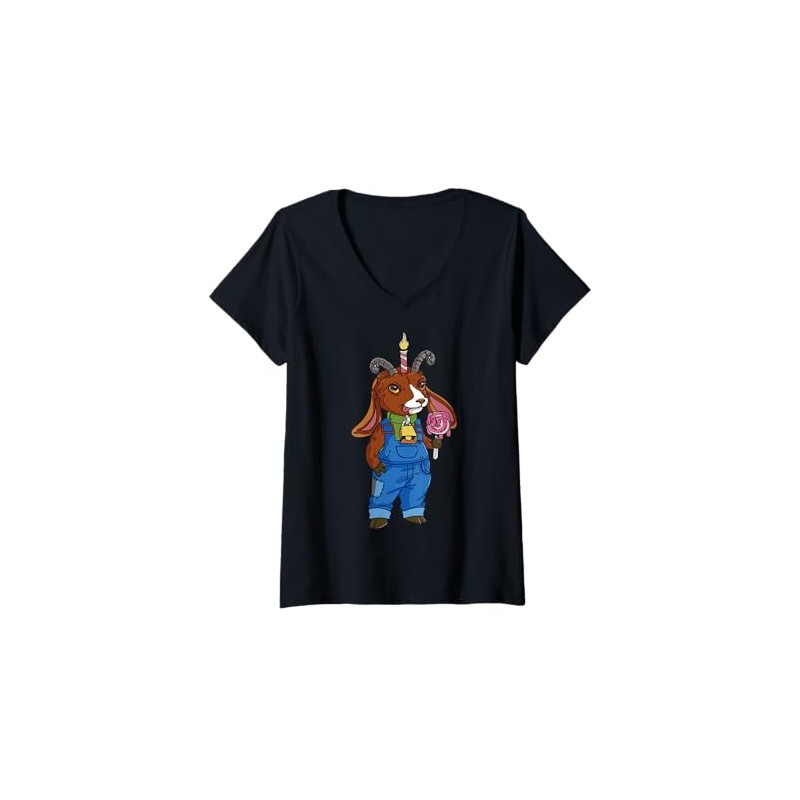 Womens Cartoon Goat Character In Overalls For Kids V-Neck T-Shirt
