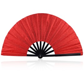 BOXOB Large Folding Hand Fan, Red Glitter Portable Plastic Rave Fan for Men Women Outdoor Line Dancing Wedding Party Decoration Performance Gift
