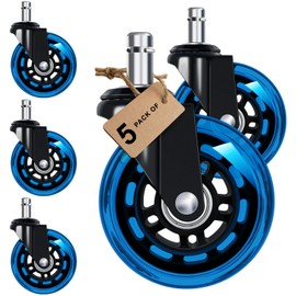 Office Chair Wheels for Replacement, Set of 5, 3" Rubber Rollerblade-Style Wheels for Computer Gaming Desk Caster Wheels Smooth & Safe Rolling for All Floors Including Hardwood and Carpet, Blue
