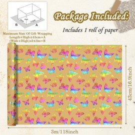 Butterfly Wrapping Paper,Birthday Kraft Wrapping Paper Mini Roll 17in X 9.8ft,Colorful Gradient 3D Embossed Foil Butterfly Fairy Gift Wrapping Paper for Girls Boys Spring Birthday Baby Shower Party