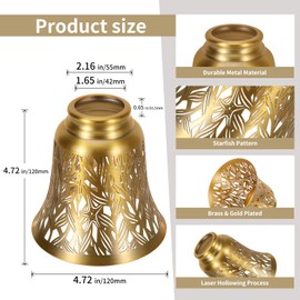 Pendant Light Shades, 4 Pack Ceiling Fan Light Shade Replacements with 1-5/8" Fitter, ALUCSET 4.72" Height 4-3/4" Diameter, Metal Bell Shaped Cover for Chandelier Wall Sconces,Yellow Brass&Gold Plated