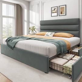 Lifezone Queen Bed Frame with Storage Drawers, Queen Size Platform Bed Frame with Velvet Upholstered Headboard, Metal Support, No Box Spring Needed, Noise-Free, Easy Assembly, Bedroom Furniture, Grey
