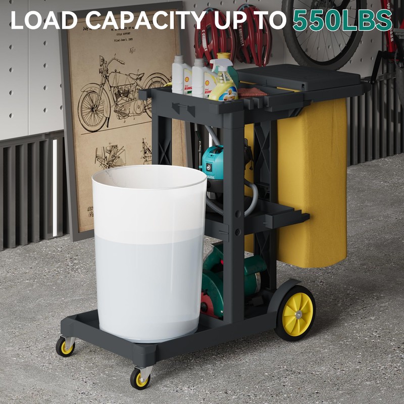 YITAHOME Janitorial Cart, Cleaning Carts on Wheels, 3-Shelf Commercial Traditional