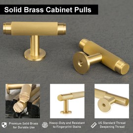 QOGRISUN 5-Pack Solid Brass Cabinet Knobs, Grooved Gold T Bar Pulls, Single Hole Handles for Kitchen Drawer Dresser Cupboard, 2.1-Inch Total Length, Brushed Brass Finish – Eleganza