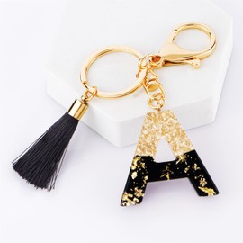 Suweibuke Fashion Black Key Chains for Women Girls, Initial Letter Keychains with Tassel, Charms for Key Purse Handbags Backpacks (Black-A)