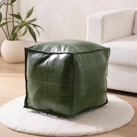 Unstuffed Pouf Cover (Only Cover, No Filler), 17.7" Faux Leather Poofy Ottoman Cover, Square Footstool For Storage Living Room Decoration Foot Rest, Footrest for Bedroom Balcony Office Chair, Green