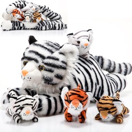 5 Piezas de Set de Juguetes de Peluche de Tigre Peluche de Cría de Tigre Tierno de 40 cm 1 Peluche de Mamá Tigre con 4 Peluches de Bebé Tigre en Vientre de Mamá Tigre para Dormir Cumpleaños (Bonito)