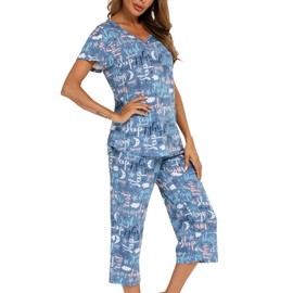 ENJOYNIGHT Women's Cotton Pajamas Set Short Sleeve Top with Capri Pants Sleepwear Set (XX-Large, Blue)