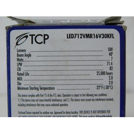 TCP LED712VMR16V30KFL MR16 LED Lamp 7 Watt 2-Pin GU5.3 Base 500 Lumens 82 CRI 3000K Halogen White Elite
