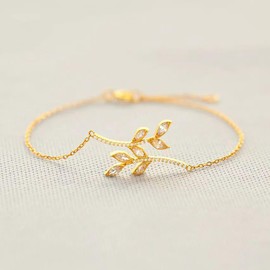 LOVPEPY Branch Bracelets for Women, 925 Sterling Silver Cubic Zirconia Twig Leaf Chain for Mother Daughter 14k Gold Plated CZ Wheat for BFF Sisters Birthday Graduation Jewelry Gift (Gold)