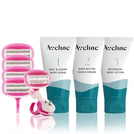 Aveline Women's Silky Smooth Shaving Starter Kit | 6-Blade Razor, 4pk Refill Blades, Salt & Sugar Body Exfoliating Scrub - 5oz, Shea Butter Shaving Cream - 5oz, and Botanical Moisturizing Body Lotion