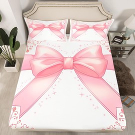 Manfei Bowknot Fitted Sheet Single Size, Pink Bow Tie Print Bedding Set for Kids Girls Princess Room Decor, Pink and White Bed Cover with 1 Pillowcase, Soft Polyester Bedding