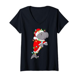 Womens Manatee Christmas Lights Santa Costume Cute Animal Xmas V-Neck T-Shirt