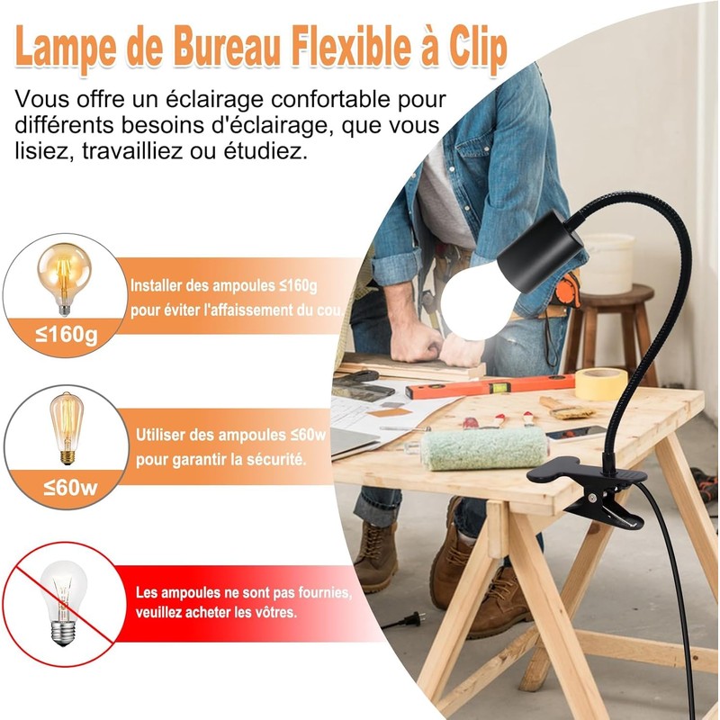 E27 Clamp Lamp, 2 Pack Bedside Lamp, E27 Socket with