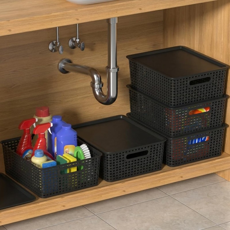 Taysisiter 13 Quart Flat Stackable Plastic Storage Basket with Lid,