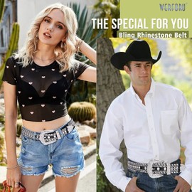 WERFORU Women Men Rhinestone Studded Western Leather Belt Ladies Vintage Bling Cowgirl Cowboy Waist Belt for Jeans Dress (C-Black, Fit Waist Size 44-48 Inches)