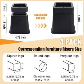 BTSD-home Bed Risers Heavy Duty Adjustable Furniture Risers Raise UP 3 or 4 Inch Suitable for Couch Desk Chair and Sofa Black 4 Pack