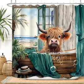 Vengaot Highland Cow Summer Shower Curtain 60Wx72L Inch Funny Cute Cattle Ocean View Landscape Bathtub Calf Tropical Hawaii Scene Palm Leaves Bathroom Decor Sea Beach Waterproof Fabric 12 Plastic Hook