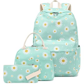 LEDAOU Backpack for Girls School Bag Kids Bookbag Teen Backpack Set Daypack with Lunch Bag and Pencil Case (White Daisy Green)