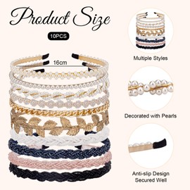 TELAIN Perlen Stirnbänder für Damen und Mädchen, 10er Pack Metall Haarbänder mit rutschfestem Design, Elegante Haaraccessoires für Party, Hochzeit und Alltag