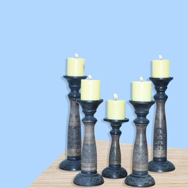 Handmade Mango Wood Eco-Friendly Traditional Black Wash Set of Five 15",12",9",12" & 15" Pillar Candle Holder