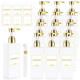 Gejoy 12 Pack White Shampoo and Conditioner Dispenser Bottles, 17 Oz/ 500ml Empty Refillable Pump Bottles with Labels and Marker Pen, Square Plastic Pump Dispenser Bottle for Bathroom Body Wash Shower