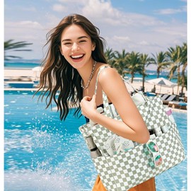 LEDAOU Beach Bag Waterproof Sandproof Women Tote Bag Pool Bag with Zipper for Gym Grocery Travel with Wet Pocket
