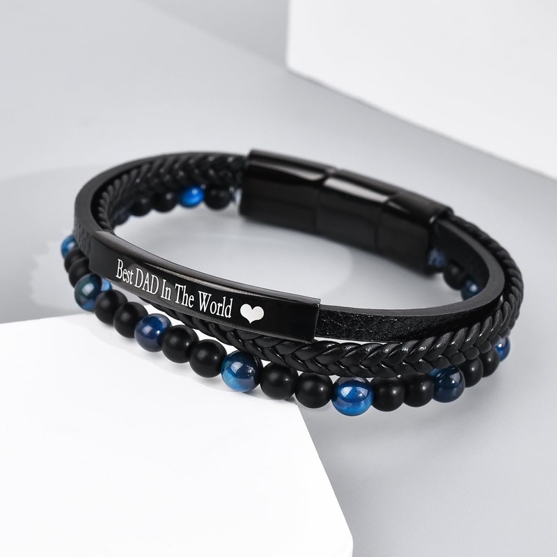 BOCHOI Gifts for Dad, Engraved Bracelets for Dad, Men's Leather