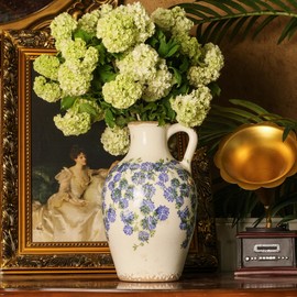 Ronasip Vintage 12” Flower Vase with Handle Retro Ice Crackle Waterproof Chinoiserie Ceramic Pitcher Blue and White Vase for Home Decor