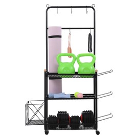 Hipicute Yoga Mat Holder, 3 Tier Yoga Mat Storage Rack with Ball Cage, Movable Yoga Mat Rack with Hooks, Home Gym Storage for Dumbbell Kettlebell Gym Accessories