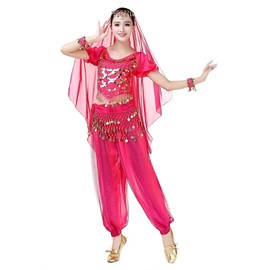 Costume Bay Womens Belly Dance 5 Pieces Outfit Costume Carnival Dancing Clothes Indian Dance Performance Clothes - Top, Pant, Waist Scarf, Head Scarf & Wristbands (5pcs-Rose, ONE)