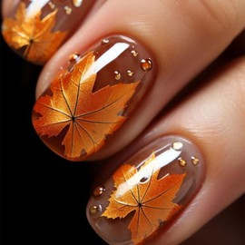 Thanksgiving Press on Nails Short Length Maple Leaves False Nails Square Nails Brown French Acrylic Nails Reusable Full Cover Glossy Coffin Nails Fall Glue on Nails Festival Nails 24Pcs