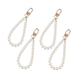 4 Pcs White Beads Wristlet Keychain,Faux Pearl Keychain Straps Beaded Keyring Lanyard Key Chain Holder Keychain Bag Accessories Purse Lanyard Strap