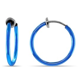 Clip On Spring Hoop Earrings for Non-Pierced Ears (17mm, Blue)