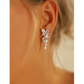 Clip on Earrings for Women Cubic Zirconia Long Tassel Dangle Drop Earrings Non Pierced Earrings for Women Jewelry Gifts Wedding Party (Leaf-2)