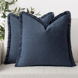 ANRODUO Set of 2 Decorative Throw Pillow Covers 18×18 Inch Soft Linen Fringe Farmhouse Boho Vintage Cushion Covers with Tassels Accent Pillowcase for Couch Sofa Bed Living Room Home Decor Navy Blue