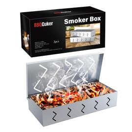 BBQCuker 2 Pack Grill Smoker Box, Stainless Steel Food Safe, Works with Wood Chips Smoked BBQ Flavor, Hinged Lid,Warp Free Grill Accessories (2, 9x4)
