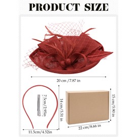 Zinniday Tea Party Hat for Women - 2025 Derby Fascinator with Detachable Headband (7.87 “x5.9” / Head Circumference 21.5“-23.5”) - Lightweight Feather & Polyester Red