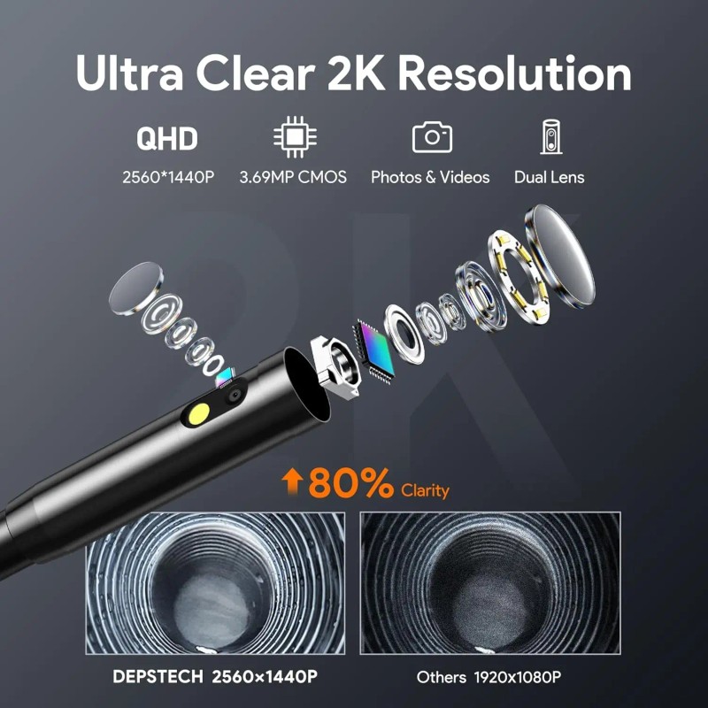 2560P Industrial Endoscope Camera with 5m Flexible Probe, LED Light,