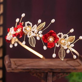 MRKARL Floral Hair Headband, Chinese Style Red Rose Hair Accessories for Traditional Wedding Party