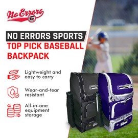 No Errors Top Pick Youth Baseball Backpack - Spacious Everyday Practice Bag for Baseball and Softball players. Holds DualGloves, 4 Bats, Helmets, and more. (purple)