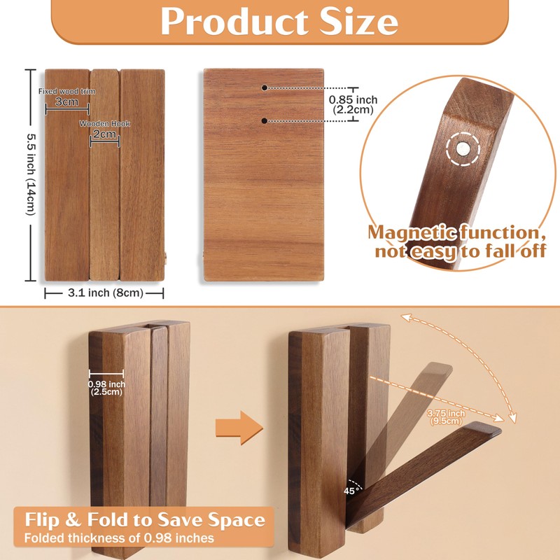 KINGSOW 2Pack Wooden Coat Hooks: Folding Rustic Wall Mounted Hook