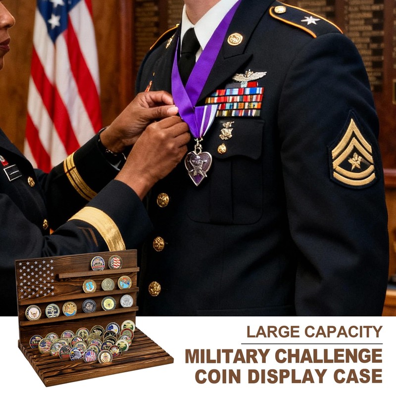 13-Row Challenge Coin Display, Solid Wood Military Coin Holder Display