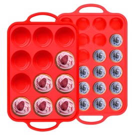 AOTASO Regular 12 Cup and Mini 24 Cup Nonstick Cupcake Pan Set Silicone Muffin Pan for Baking Silicone Cupcake Mold with Metal Reinforced Frame BPA Free (2 Pcs, Red)
