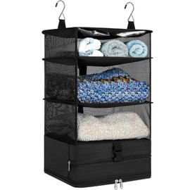 AKOZLIN Portable Hanging Travel Shelves Bag 3-Shelf Packing Cubes Organizer with Hanging Shelves Carry-On Closet Suitcase Large Capacity Collapsible Black