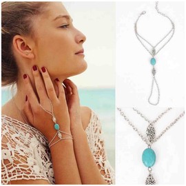Erimberate Bohemian Turquoise Finger Bracelet Silver Flower Ring Hand Chain Bracelet Layered Slave Bracelet Retro Wrist Bracelet Beach Hand Chain Jewelry for Women