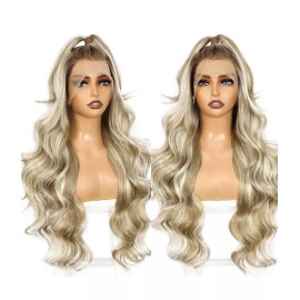 Unbranded Light Blonde Ombre Wig HD Front Lace Human Hair Highlights  Wavy Curly Natural